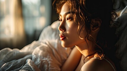 Portrait Asian Woman Waking Bed Looking, Background HD For Designer