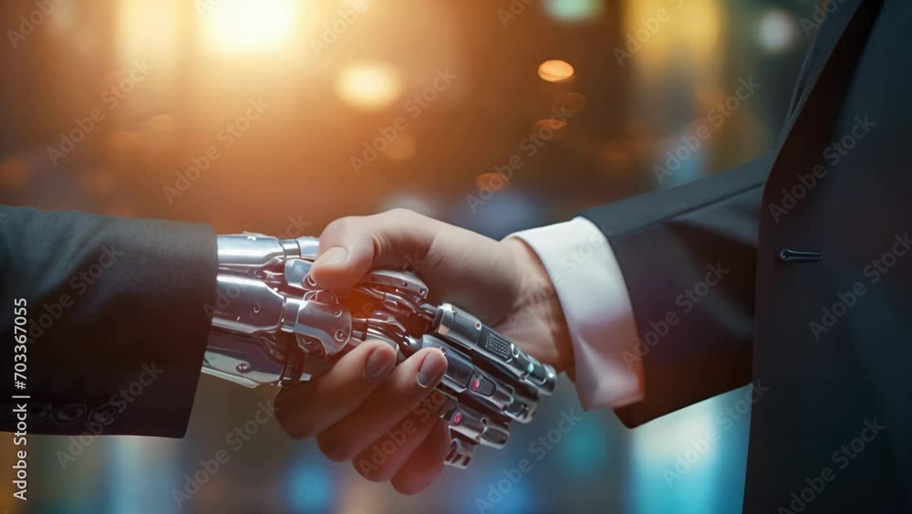 Poster a man in a suit and tie shaking hands with a robot. generative ai