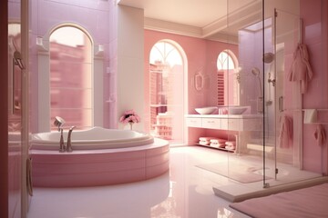 pink bathroom design with jacuzzi bath and minimal luxury interior and natural light - obrazy, fototapety, plakaty