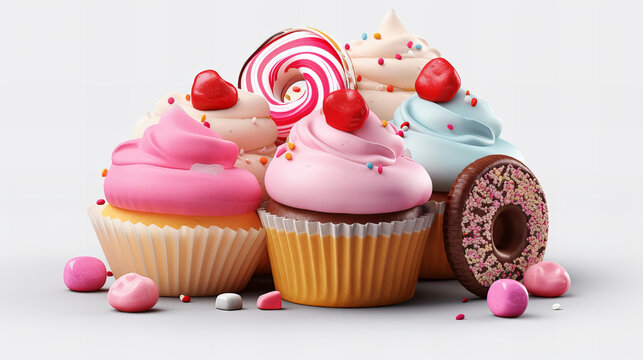 Assortment of Vibrant Cupcakes and Sweets, assortment of colorful cupcakes topped with frosting and candies, creating a delightful and tempting display of sweet treats.