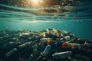 plastic debris in the ocean background. Underwater image illustrating problem of microplastics pollution in environment - obrazy, fototapety, plakaty