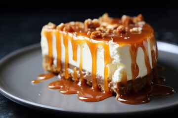 slice of salted caramel cheesecake closeup. 