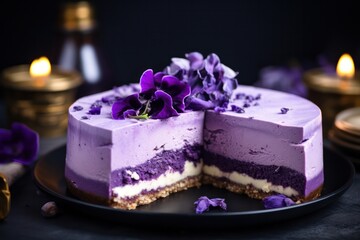 Obraz na płótnie Canvas Purple ube healthy vegan cheesecake. Violet lilac color food. Trendy ingredients for cooking desserts.