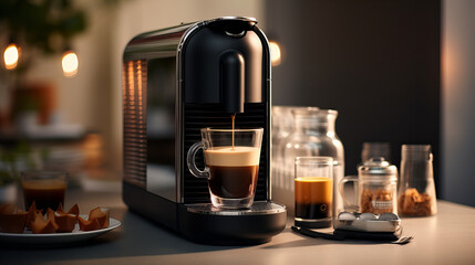 Modern Coffee Machine with Fresh Espresso, sleek coffee machine dispensing fresh espresso into a glass cup, surrounded by various coffee drinks and a cozy ambiance.