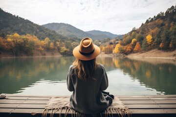 woman in hat from behind sitting on wooden pier of lake in the mountains, traveling solo. Female traveler and tourist in nature. - obrazy, fototapety, plakaty