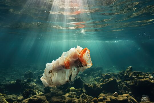 plastic waste n the ocean underwater harming sea life. Environment issues.
