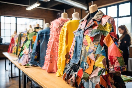 colorful upcycled clothes on mannequins at atelier holding upcycling fashion classes. Sewing, craft and knitting hobby. 