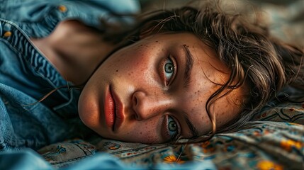 Portrait Beautiful Young Woman Lying Bed, Background HD For Designer