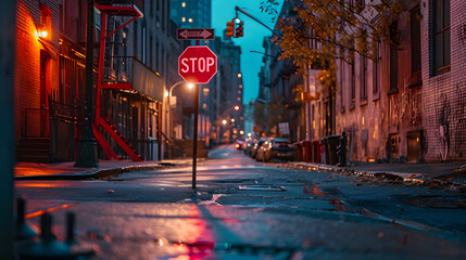 Urban night scene with a stop sign on a wet street, illuminated by city lights and neon signs. - obrazy, fototapety, plakaty