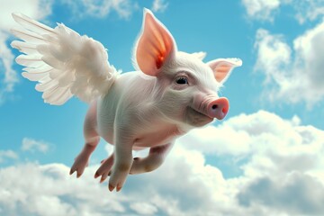 Little pink piggy with white feather angelic wings flying in blue sky, in full length