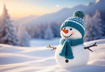 Obraz premium CUTE SNOWMAN WITH SNOW BACKGROUND LANDSCAPE SPACE FOR COPPY