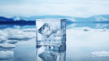  a glass of ice sitting on top of a table next to some rocks and a mountain range in the background.