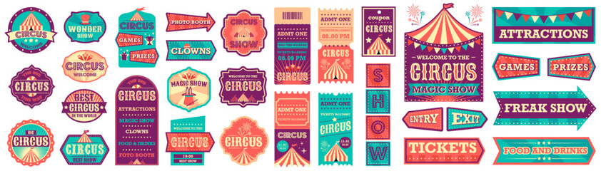 Vintage circus labels and carnival signboards. Illustration of circus label, show banner © 4zevar