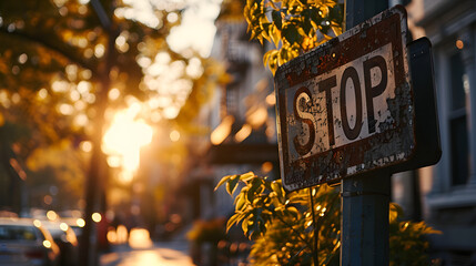 Rusty stop sign on a street at sunset with warm light filtering through trees.