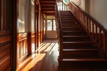 American Home: Bright, Empty Hallway with Wooden Staircase and Hardwood Floors