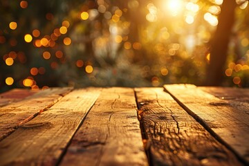 Radiant Oktoberfest Terrace: Golden Autumn Background with Empty Wooden Table - obrazy, fototapety, plakaty