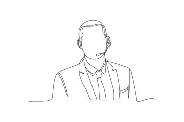 Male customer service pose in front camera for take short vidio. Marketing Concept. Single line draw design vector graphic illustration.