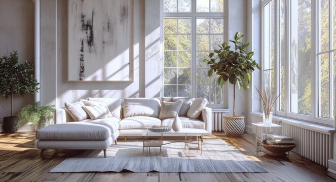 Sunny Loft Living: Modern Luxury Interior with Grand Canvas Mockup over Sofa