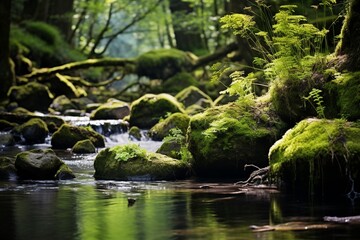 : Moss-covered rocks in a serene woodland stream, with wildflowers peeking through the cracks.