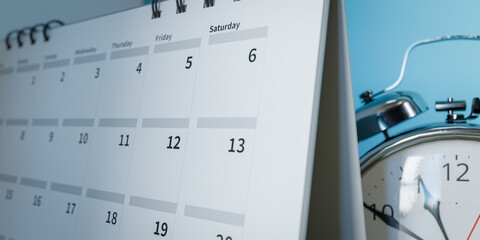 Desk calendar and clock closeup background, 3d rendering