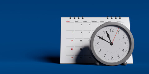 Copy space background with desk alarm clock and calendar, 3d rendering
