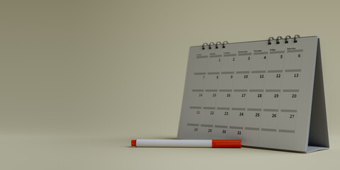 Copy space background with desk calendar and red pen,3d rendering