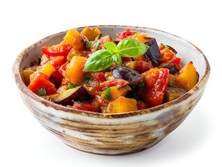 A bowl of ratatouille isolated on white background in minimalist style, 