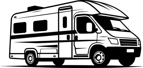 Motorhome icon. Camper minibus. Black silhouette. Side view. Vector simple flat graphic illustration. The isolated object on a white background. Isolate. AI generated illustration.