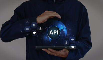 Application Programming Interface (API). Software development tools, information technology, modern technology, internet, and networking concepts on a dark blue background.