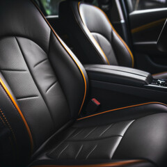 Close-up of the car inside. Interior of a modern car, black leather seats.
