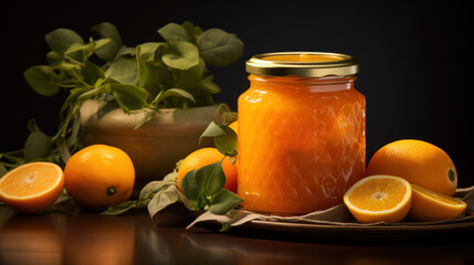  a jar of orange marmalade sitting on top of a table next to oranges and a potted plant.