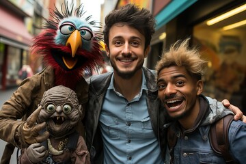 Two friends smiling with colorful puppet characters in an urban street setting