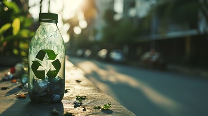 A clear glass jar with a green recycling symbol emblazoned on it, promoting eco-friendly practices by encouraging the reuse of glass containers instead of single-use plastics. - obrazy, fototapety, plakaty