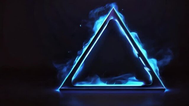 Blue neon fire on triangular frame isolated on the dark background