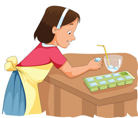 Cute and happy girl putting ice cubes in a glass