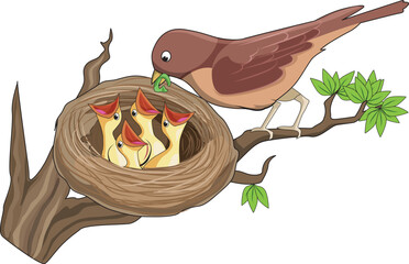 Cute bird with its chicks sitting in the nest © Vector Club