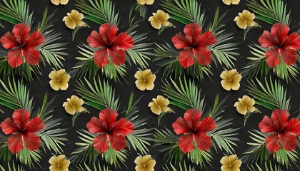 Fototapeten tropical seamless pattern with hibiscus flowers beautiful palm banana leaves hand drawn vintage 3d illustration glamorous exotic abstract background art design good for luxury wallpapers clothes © Debbie
