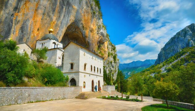 the old famous monastery ostrog in the rocks montenegro