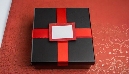 square black box with red wrapping paper and label sticker