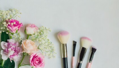 Obraz na płótnie Canvas brushes flowers and cosmetics