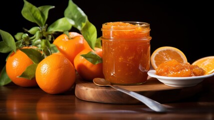  a jar of orange marmalade next to a bowl of oranges and a spoon on a cutting board.