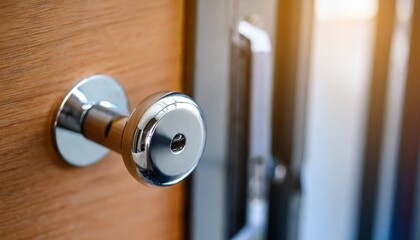 stainless steel door knob or handle with keyhole on wooden door wave style lever handle front door knob with lock modern interior design concept shallow depth of field