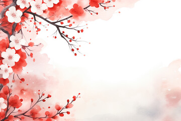 Cherry blossom watercolor painting in red tone. Chinese New Year background with copy space. Generative AI.