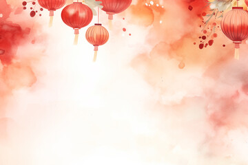 Lanterns watercolor painting in red tone. Chinese New Year background with copy space. Generative AI.