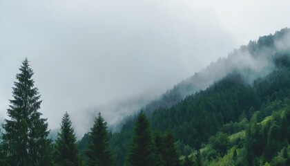 dark fog and mist over a moody forest landscape mountain fir trees with dreary dreamy weather blues and greens - Powered by Adobe