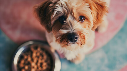Candid top view of a cute dog looking at the camera feeding on a bowl of food with blurred background