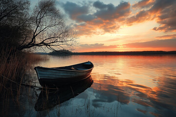 A serene lakes sunset with a silhouette of a lone boat capturing the beauty of solitude and nature's tranquility. Ai generated
