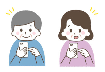 スマホを操作する老人。おじいちゃんとおばあちゃんのイラスト。