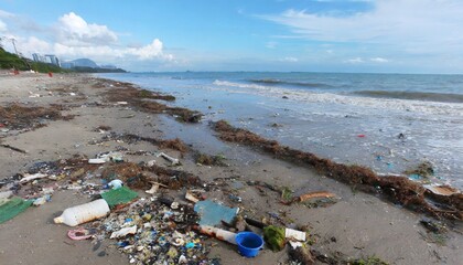 Fototapeta na wymiar waste on beach dirty sea pollution garbage on beach after low tide environmental pollution water erosion abrasion platform