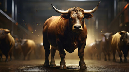 Bull in the farm background - obrazy, fototapety, plakaty